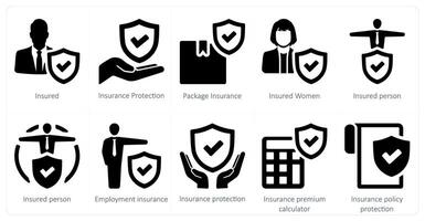 un' impostato di 10 assicurazione icone come assicurato, assicurazione protezione, pacchetto assicurazione vettore
