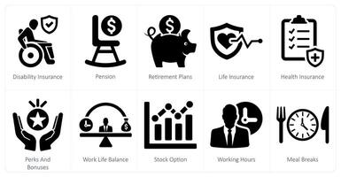 un' impostato di 10 dipendente benefici icone come invalidità assicurazione, pensione, la pensione piani vettore
