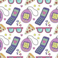 senza soluzione di continuità modello con tamogochi, mobile Telefono, bicchieri e altro elementi nel il colorato stile di il anni 80 e anni 90. commerciale illustrazione. vettore