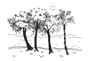 panoramico Visualizza di faggio alberi e calma mare, inchiostro schizzo mano disegnato illustrazione di mare con palma, albero, acqua, sole, marino motivo. astratto costa paesaggio, linea arte. viaggiare, natura vacanza vettore