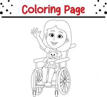 contento ragazza sedia a rotelle colorazione libro pagina per bambini vettore