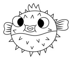 nero e bianca Blowfish icona. sotto il mare linea illustrazione con carino divertente spinoso pesce. oceano animale clipart. cartone animato subacqueo o marino clip arte o colorazione pagina per bambini vettore