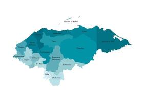 isolato illustrazione di semplificato amministrativo carta geografica di Honduras. frontiere e nomi di il dipartimenti, regione. colorato blu cachi sagome vettore