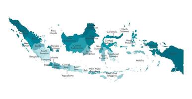 isolato illustrazione di semplificato amministrativo carta geografica di Indonesia. frontiere e nomi di il regioni. colorato blu cachi sagome vettore