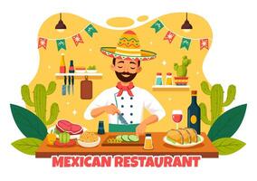 messicano cibo ristorante illustrazione con vario di delizioso tradizionale cucina tacos, nachos e altro su piatto cartone animato sfondo vettore