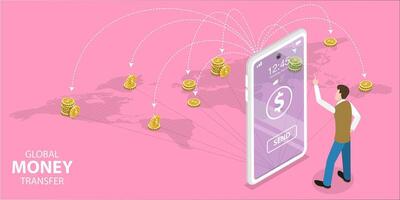 3d isometrico piatto concetto di i soldi trasferimento mobile app. vettore