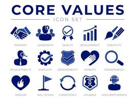 azienda nucleo valori icona impostare. integrità, comando, qualità e sviluppo, creatività, responsabilità, semplicità, passione, volontà per vincita, consistenza, coraggio e cliente servizio icone. vettore