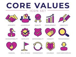 nucleo valori retrò icona impostare. integrità, comando, qualità e sviluppo, creatività, responsabilità, affidabilità, trasparenza, passione consistenza cliente servizio icone. vettore