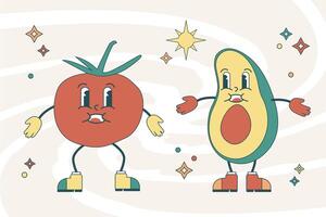 Groovy carino illustrazione di pomodoro e avocado personaggi vettore