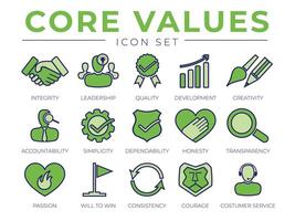 verde nucleo valori retrò icona impostare. integrità, comando, qualità e sviluppo, creatività, responsabilità, semplicità, affidabilità, onestà, consistenza coraggio cliente servizio icone. vettore