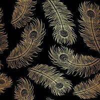 oro tropicale pavone piuma senza soluzione di continuità modello su nero sfondo vettore