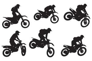 silhouette di un' motociclista fare freestyle trucchi su il suo motociclo silhouette impostato gratuito design vettore