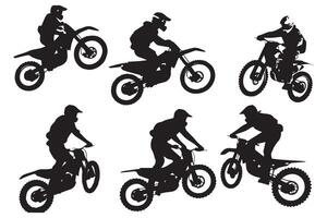 silhouette di un' motociclista fare freestyle trucchi su il suo motociclo silhouette impostato gratuito design vettore