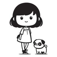 nero e bianca cartone animato di un' giovane ragazza in piedi Il prossimo per un' piccolo, adorabile carlino cane, tutti e due guardare inoltrare con amichevole facce. vettore