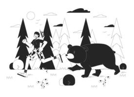 selvaggio animale incontrare nero e bianca cartone animato piatto illustrazione. asiatico donna in esecuzione lontano a partire dal arrabbiato orso 2d Linea artistica personaggi isolato. Pericolo di selvaggio natura monocromatico scena schema Immagine vettore