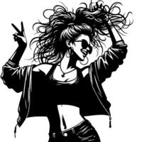 nero e bianca illustrazione di un' punk donna è danza e tremante nel un' riuscito posa vettore