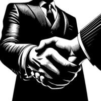 nero e bianca illustrazione di un' stretta di mano tra Due attività commerciale uomini nel tute vettore