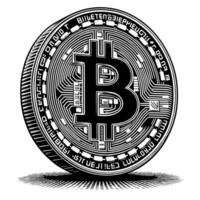 nero e bianca illustrazione di un' singolo bitcoin moneta vettore