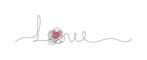 amore lettera uno continuo linea arte con fiori, minimalista romantico linea disegno per nozze, san valentino, madri giorno illustrazione vettore