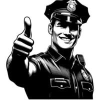 nero e bianca illustrazione di un' polizia ufficiale chi è mostrando il pollici su cartello vettore