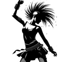 nero e bianca illustrazione di un' punk donna è danza e tremante nel un' riuscito posa vettore