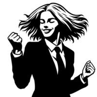 nero e bianca illustrazione di un' donna nel attività commerciale completo da uomo è danza e tremante nel un' riuscito posa vettore