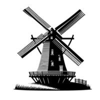 nero e bianca illustrazione di un' tradizionale vecchio mulino a vento nel Olanda vettore