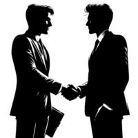 nero e bianca illustrazione di un' stretta di mano tra Due attività commerciale uomini nel tute vettore