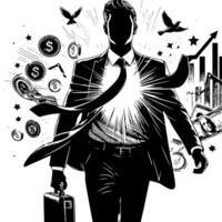 nero e bianca illustrazione di un' riuscito attività commerciale uomo con i soldi macchine e luxus vettore