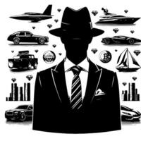 nero e bianca illustrazione di un' riuscito attività commerciale uomo con i soldi macchine ragazze e luxus vettore