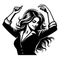 nero e bianca illustrazione di un' donna nel attività commerciale completo da uomo è danza e tremante nel un' riuscito posa vettore