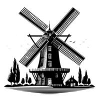 nero e bianca illustrazione di un' tradizionale vecchio mulino a vento nel Olanda vettore
