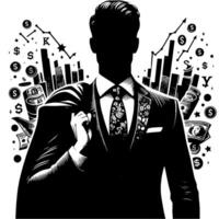 nero e bianca illustrazione di un' riuscito attività commerciale uomo con i soldi macchine e luxus vettore