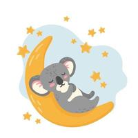 simpatico koala che dorme sulla luna tra le stelle stampa della cameretta del bambino. vettore