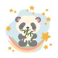 panda che mangia bambù su un arcobaleno. poster per la scuola materna, cartoline, stampa per vestiti per bambini, baby shower. vettore
