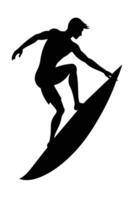 silhouette di un' surfer fare surf il onde su il suo tavola da surf vettore