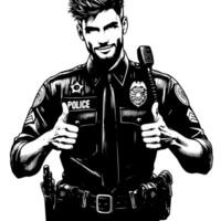 nero e bianca illustrazione di un' polizia ufficiale chi è mostrando il pollici su cartello vettore