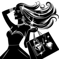 nero e bianca illustrazione di un' fortunato lussuoso shopping signora con borse e quadri e parfum vettore
