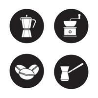 set di icone di caffè. caffettiera classica, cezve turco, macinino e fagioli. illustrazioni vettoriali bianche in cerchi neri