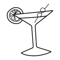 Cosmopolita cocktail scarabocchio icona, illustrazione. isolato su bianca alcool bevanda, Martini bicchiere con olive, lime fetta. mano disegnato lineare contorno bere, bar logo, menù oggetto, carta design vettore