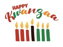 Happy kwanzaa - banner con scritte colorate e semplici candele kinara disegnate a mano. biglietto di auguri festival celebrazione del patrimonio afroamericano vettore