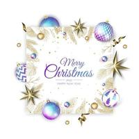 buon natale e felice anno nuovo vacanza banner bianco illustrazione. design natalizio con oggetti 3d vettoriali realistici, palla di natale dorata, fiocco di neve, coriandoli glitter oro.