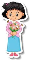 una ragazza con un mazzo di fiori adesivo personaggio dei cartoni animati vettore