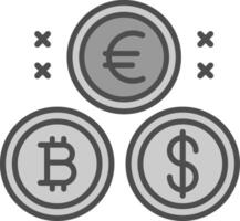 criptovaluta monete linea pieno in scala di grigi icona design vettore