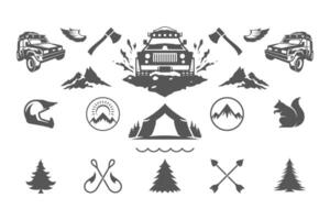 campeggio e all'aperto avventure design elementi e icone impostato illustrazione vettore