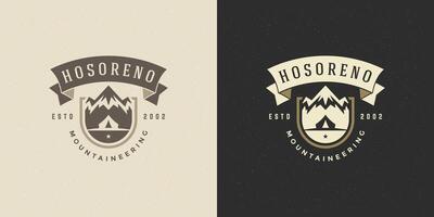 montagne logo emblema all'aperto avventura campeggio illustrazione montagna e tenda sagome vettore