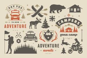 campeggio e all'aperto avventura design elementi impostare, citazioni e icone illustrazione vettore