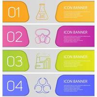 set di modelli di banner di inquinamento industriale. facile da modificare. fabbrica, liquido velenoso, simbolo di rischio biologico, maschera antigas. voci di menu del sito Web con icone lineari. banner web a colori. concetti di design delle intestazioni vettoriali