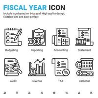 icona dell'anno fiscale impostato con stile del contorno isolato su priorità bassa bianca. relazione icona vettoriale, imposta, dichiarazione, audit, concetto di simbolo del segno di entrate per società di finanza aziendale e aziendale. tratto modificabile vettore