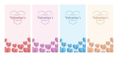 set di sfondo di auguri di san valentino felice con forme di cuore volanti su carta da parati colorata. modello di post e banner sui social media vettore